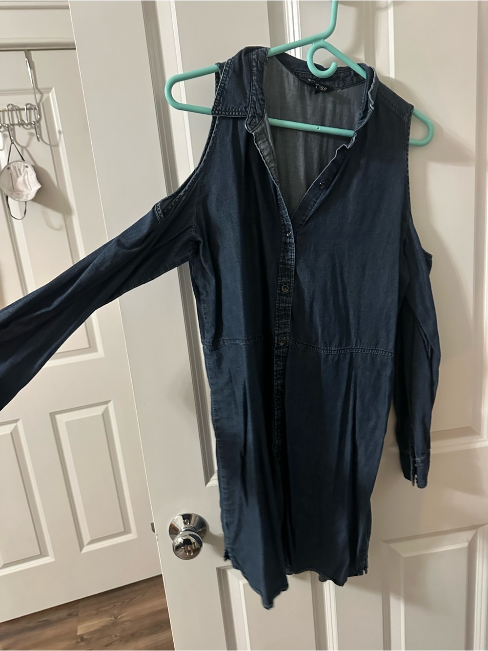 Express Indigo Denim Shirt Dress with Button Front and Shoulder Cutouts